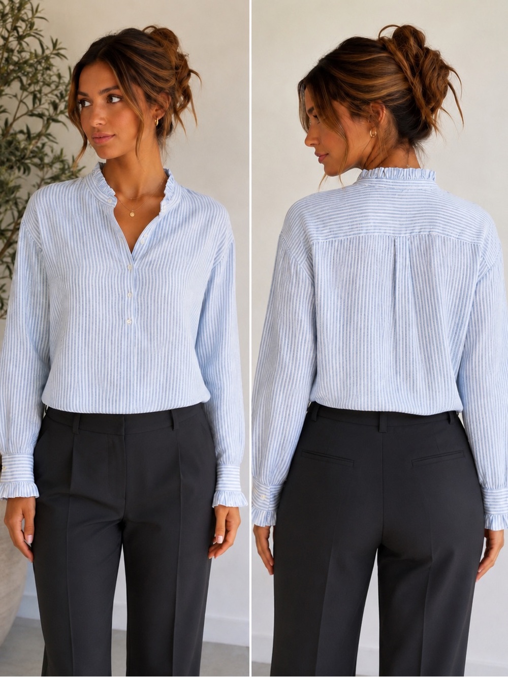 Vilagallo Light Blue Striped Ruffle-Neck Blouse